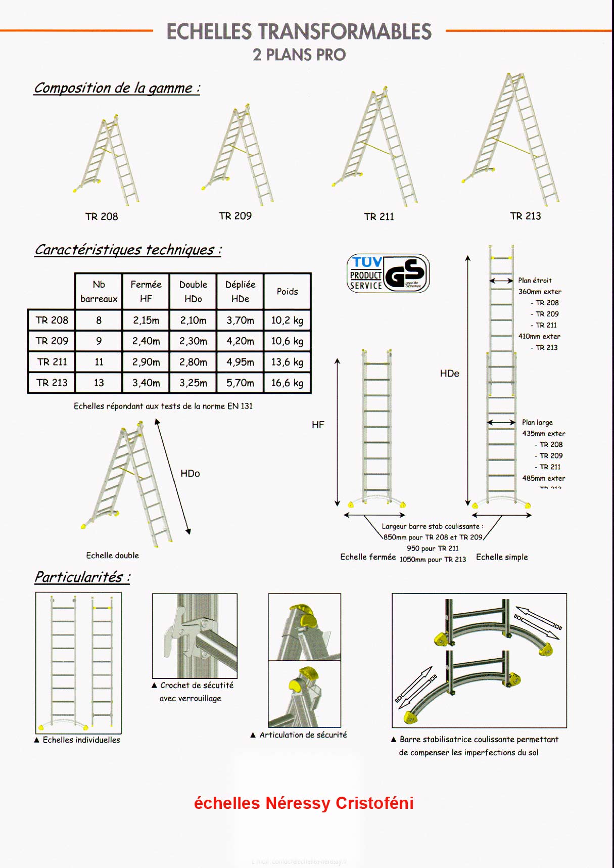 echelle transformable aluminium à deux 2 plans aluminium de 2 mètres, 3 m,4 m, 5 m, 6 m, 7 m, 8 m, 9 m,