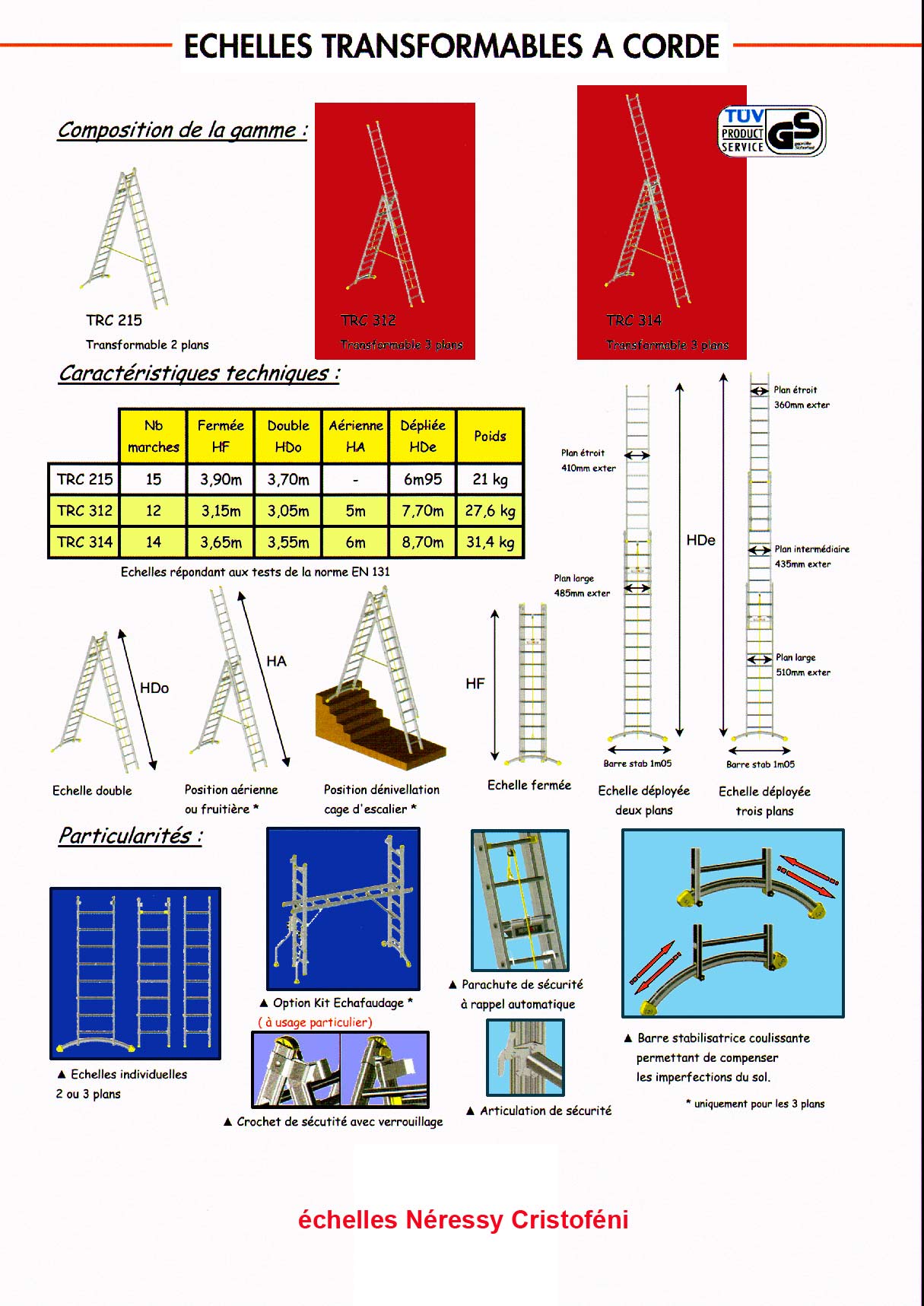 echelle transformable et coulisse à trois 3 plans aluminium de 2 mètres, 3 m,4 m, 5 m, 6 m, 7 m, 8 m, 9 m