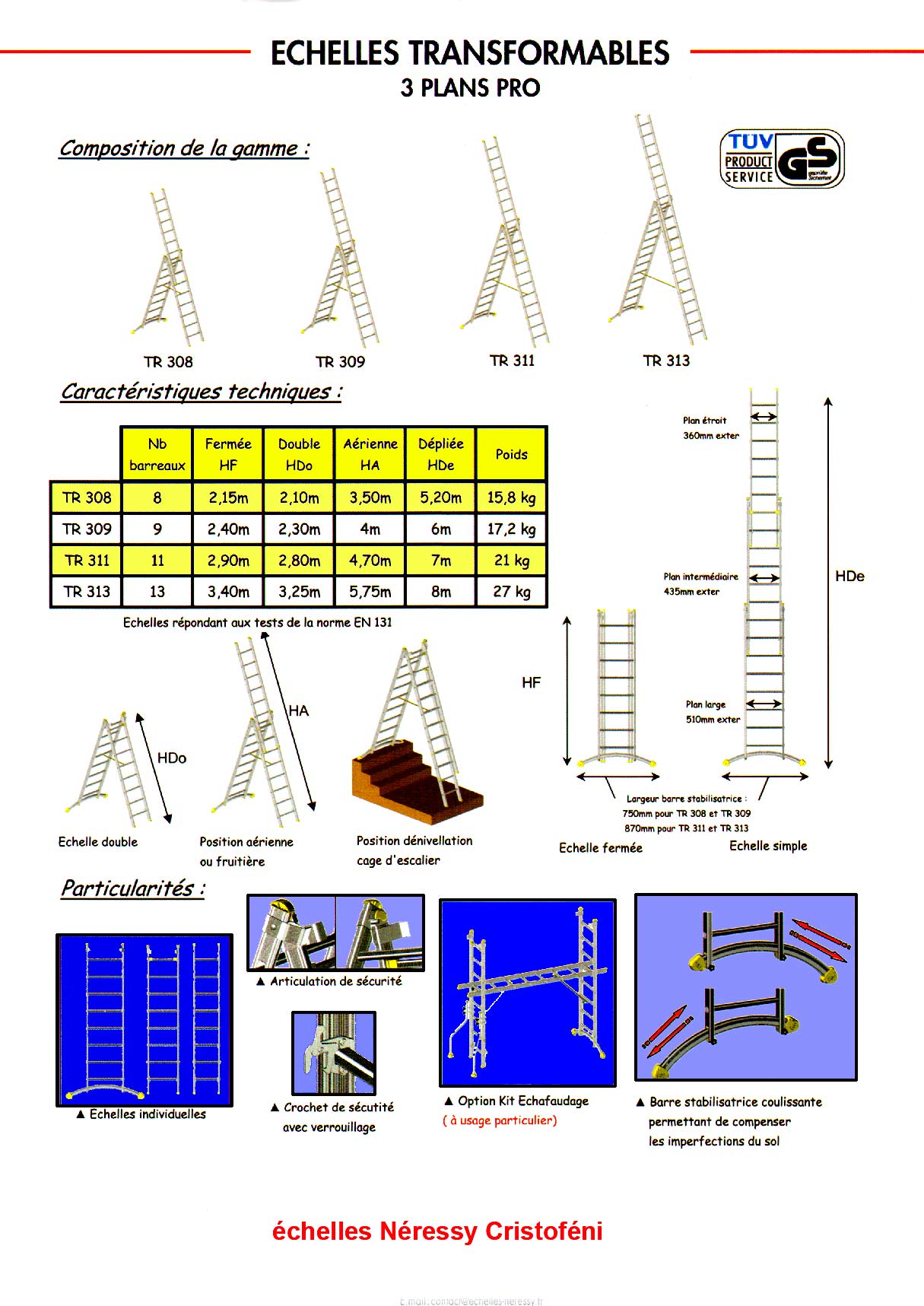 echelle transformable trois 3 plans aluminium de 2 mètres, 3 m,4 m, 5 m, 6 m, 7 m, 8 m, 9 m,